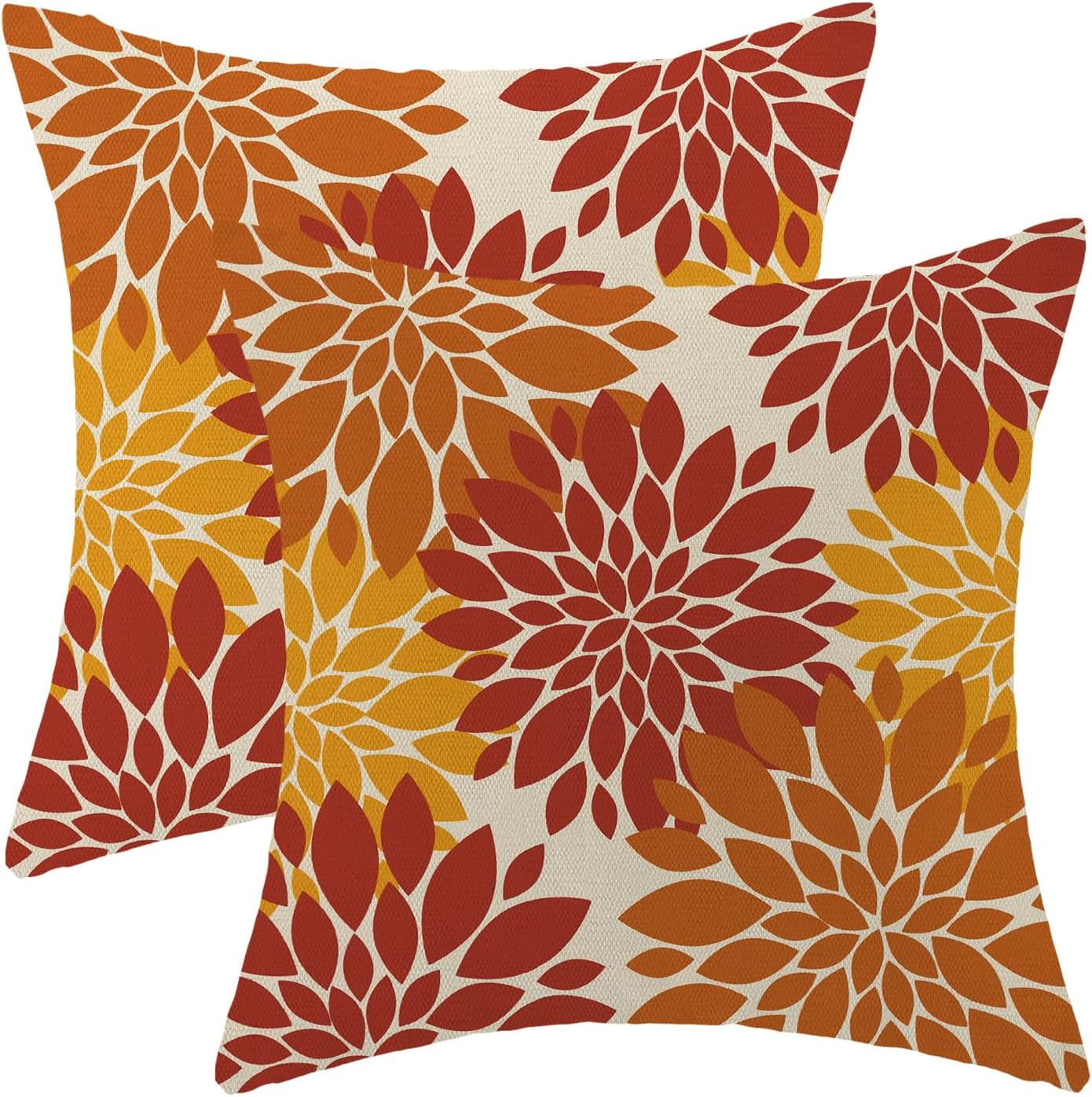 Burnt Orange Yellow Pillow Covers 18x18 Set of 2, Orange Yellow Dahlia Fall Decorations Outdoor Throw Pillows Geometry Design Summer Outdoor Decorative Linen Cushion Case for Couch Sofa Home
